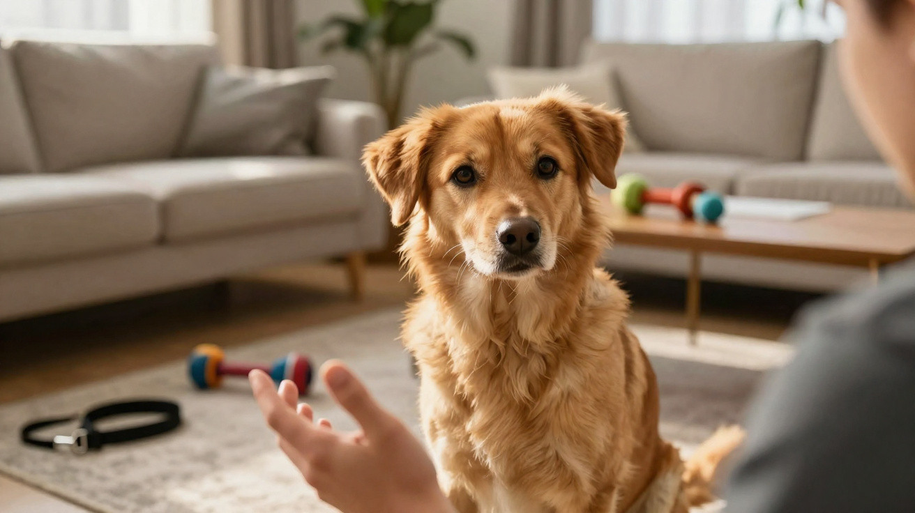 Cão castanho sentado numa sala de estar a olhar atentamente para uma pessoa.