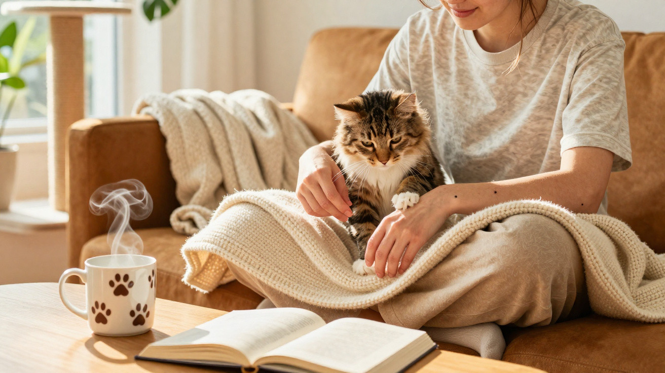 Mulher sentada no sofá a acariciar um gato, com chá quente e livro aberto numa mesa à frente.
