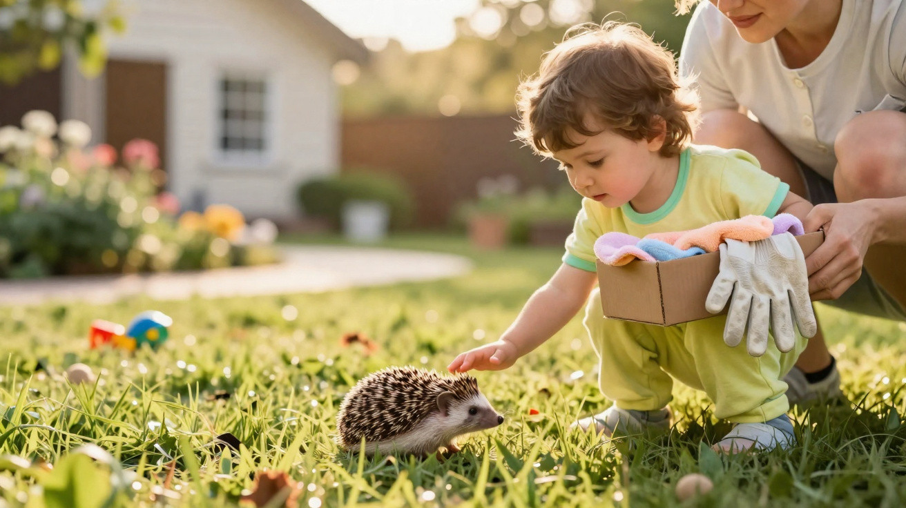 Criança toca um ouriço enquanto um adulto a acompanha num jardim ensolarado.