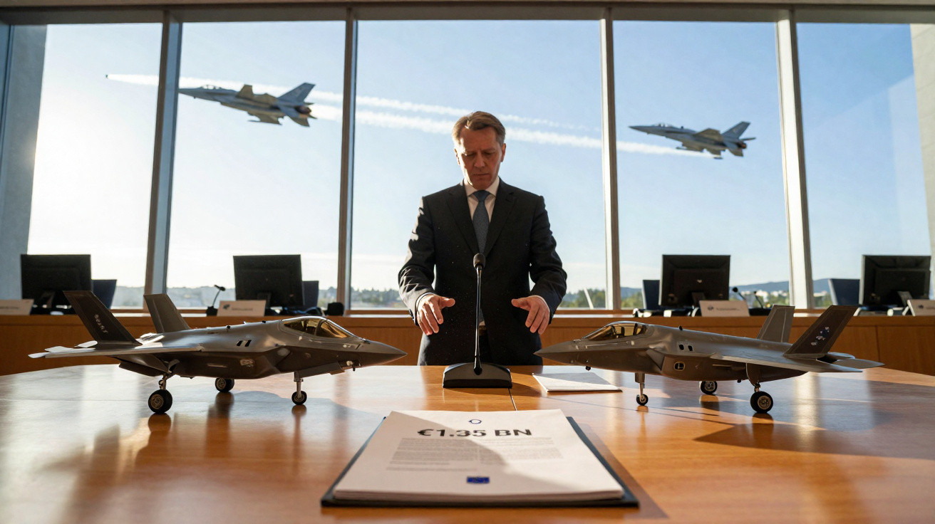Homem de fato em sala com miniaturas de aviões de combate à frente e dois caças a voar em janelas grandes.