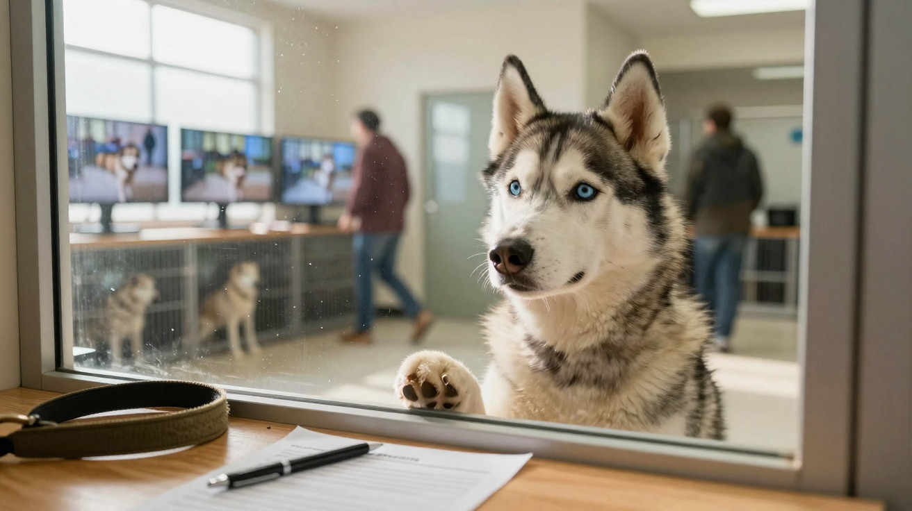 Cão husky com olhos azuis junto a uma janela, olhando para um balcão com documentos e coleira.