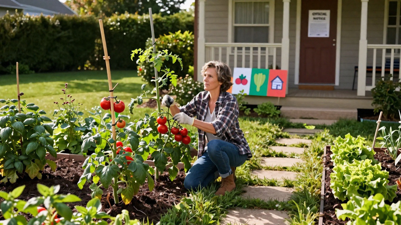 Mulher a cuidar de pés de tomate num jardim com uma casa ao fundo, dia solarengo.
