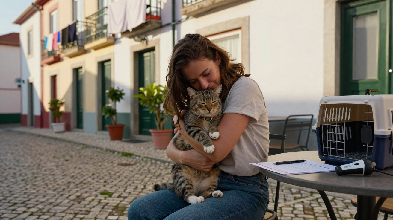 Mulher sentada a abraçar gato numa rua com casas típicas e sol suave no final do dia.