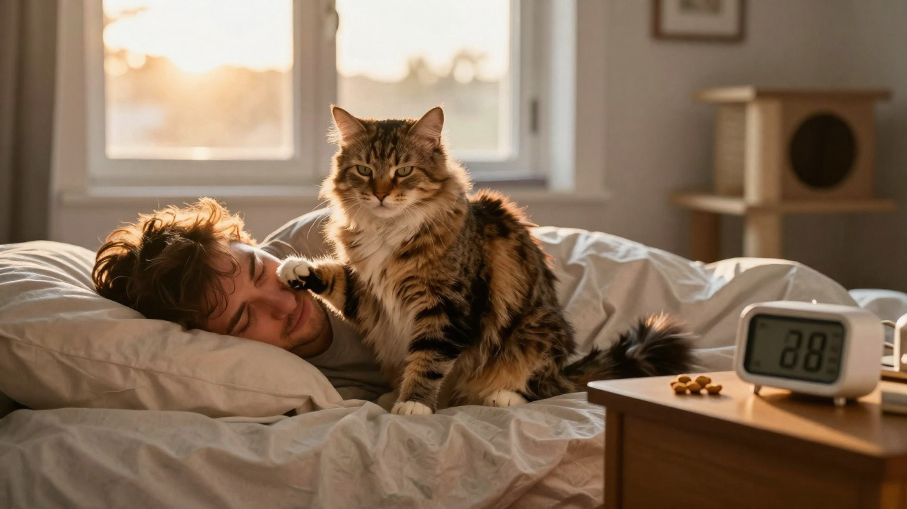 Gato sentado em cama com homem adormecido, luz suave da manhã a entrar pela janela atrás.