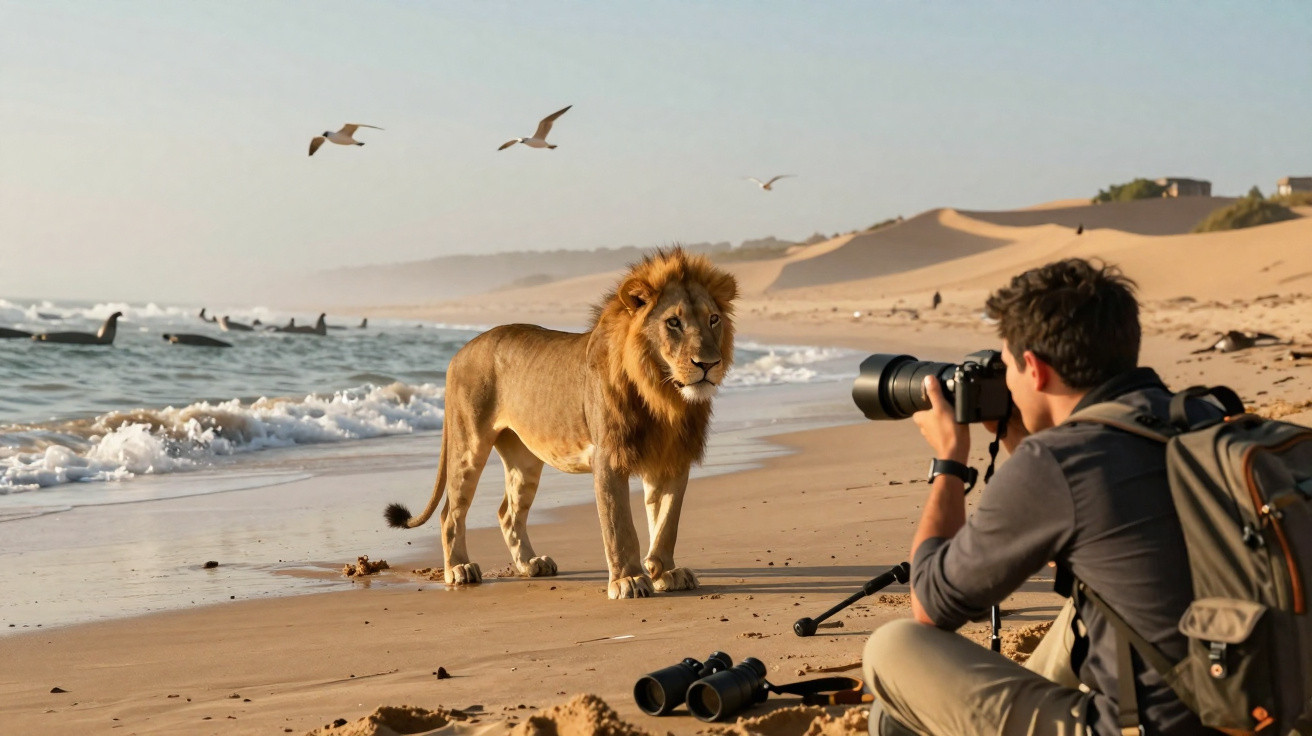 Fotógrafo aproxima-se de um leão na praia com mar, gaivotas e dunas ao fundo ao pôr do sol.