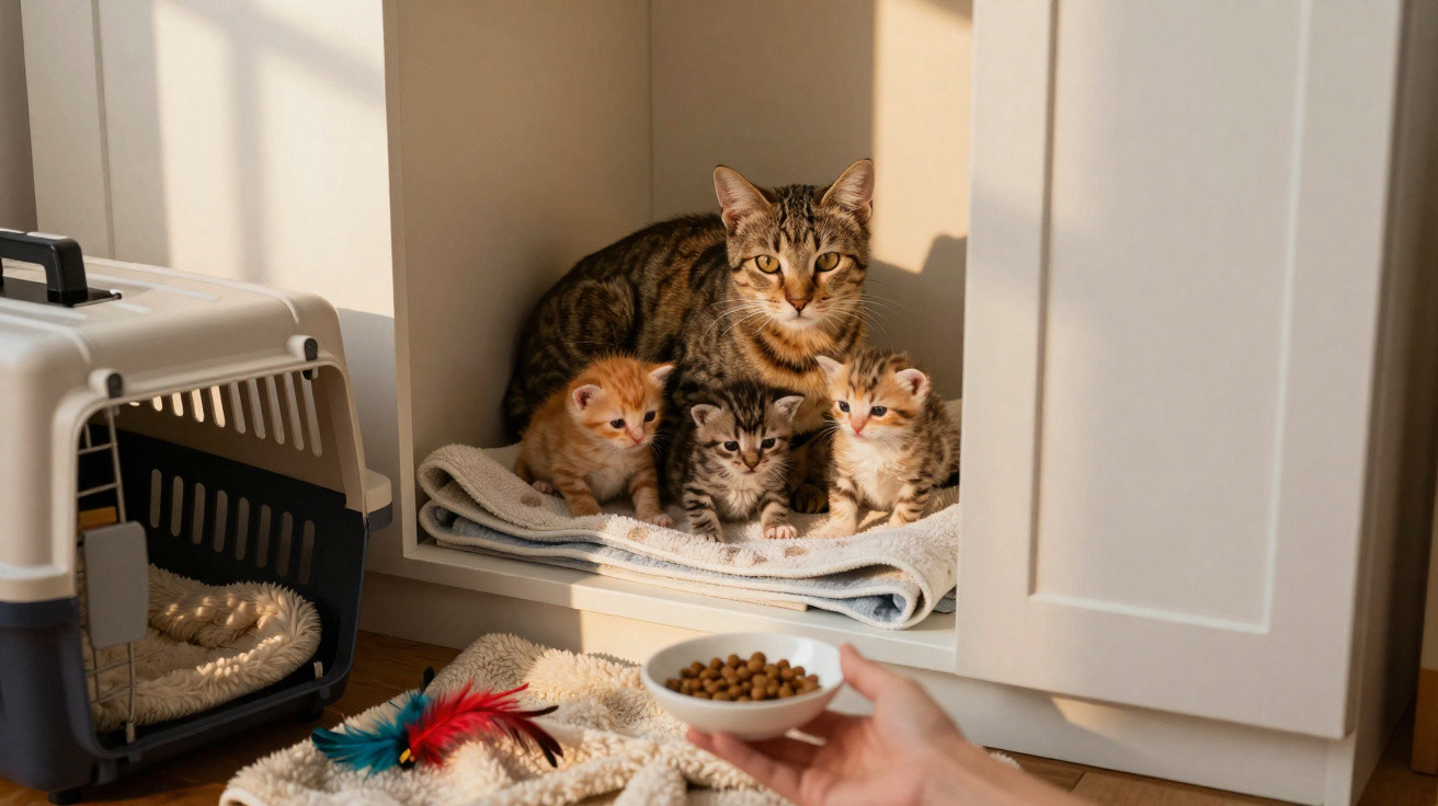 Gata com três gatinhos numa almofada dentro de um armário, com comida e brinquedos perto.
