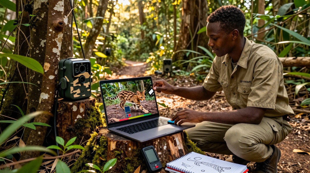 Homem afrodescendente analisa foto de animal selvagem num computador portátil na floresta tropical.