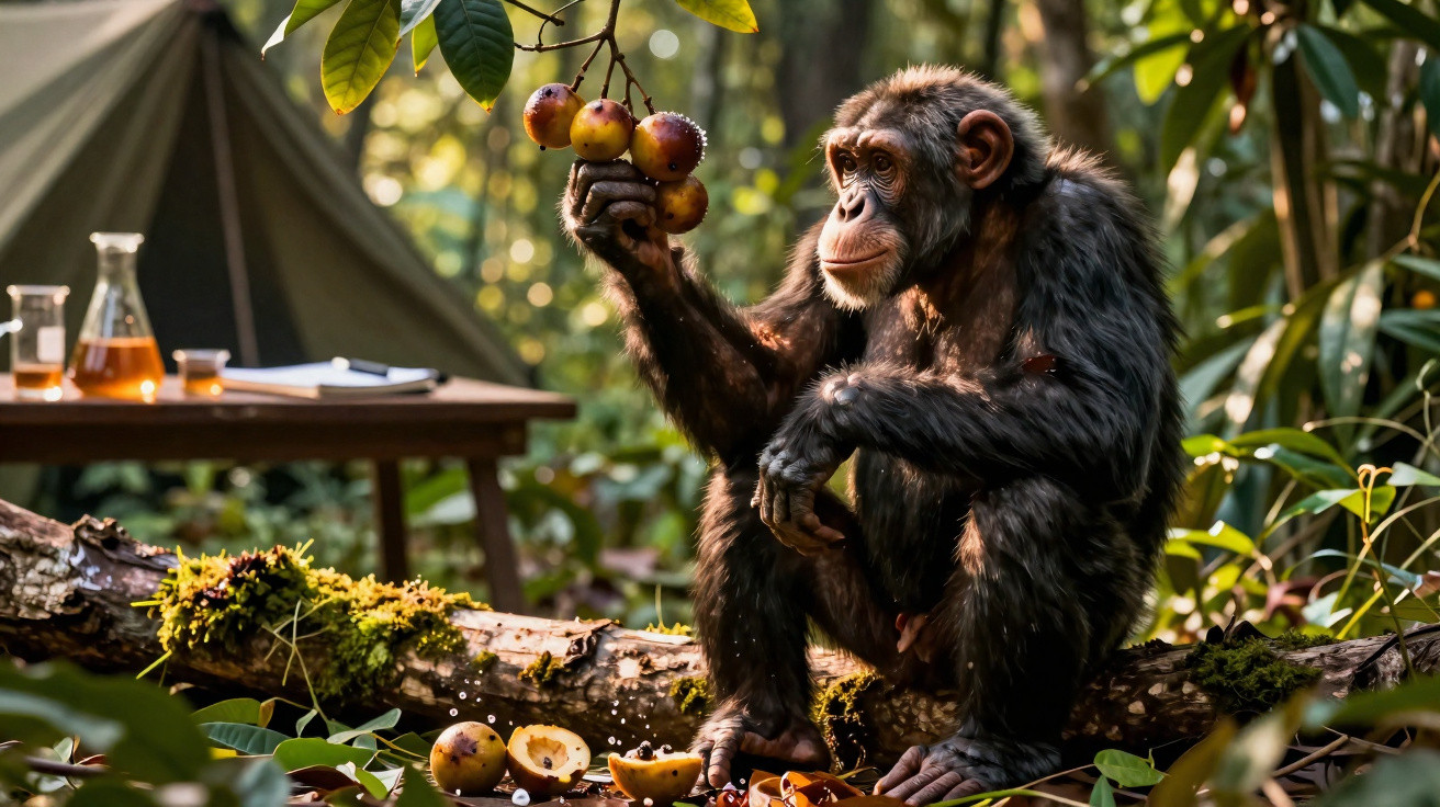 Macaco chimpanzé sentado numa floresta a segurar frutas maduras penduradas num ramo perto de uma tenda de campismo.