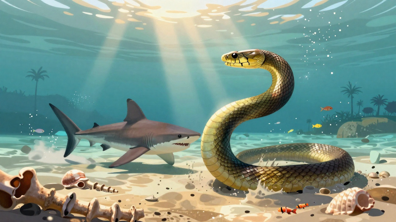 Serpente e tubarão a nadar juntos no fundo do mar com sol a penetrar na água.