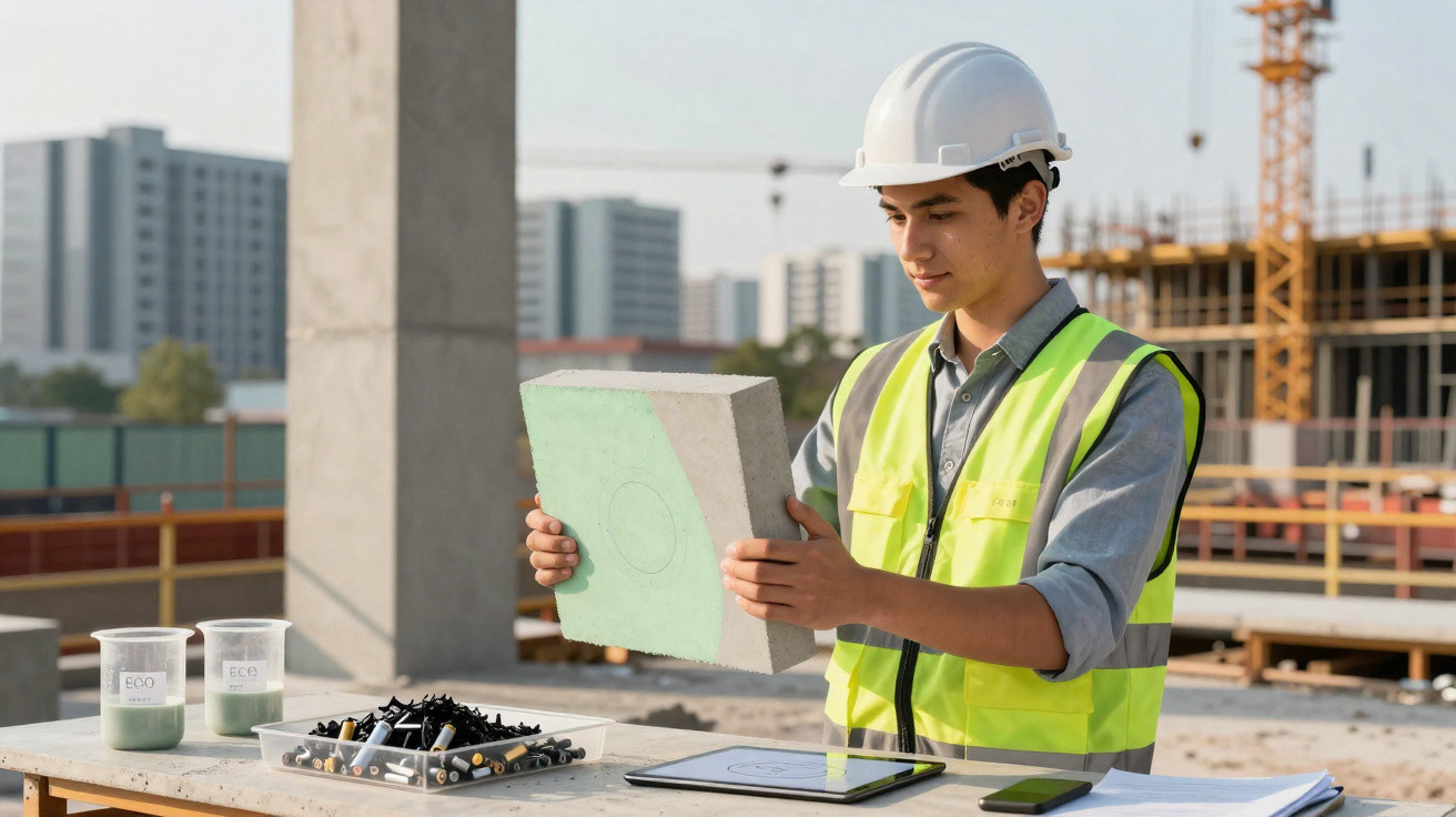 Engenheiro no local de construção a inspecionar material de construção com capacete e colete refletor.