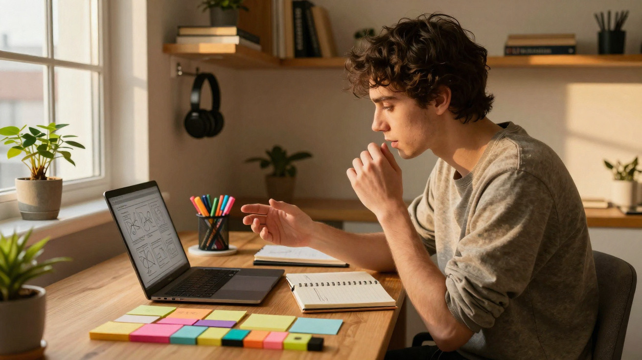 Jovem a trabalhar em computador portátil numa secretária com post-its e material de escritório em ambiente iluminado.
