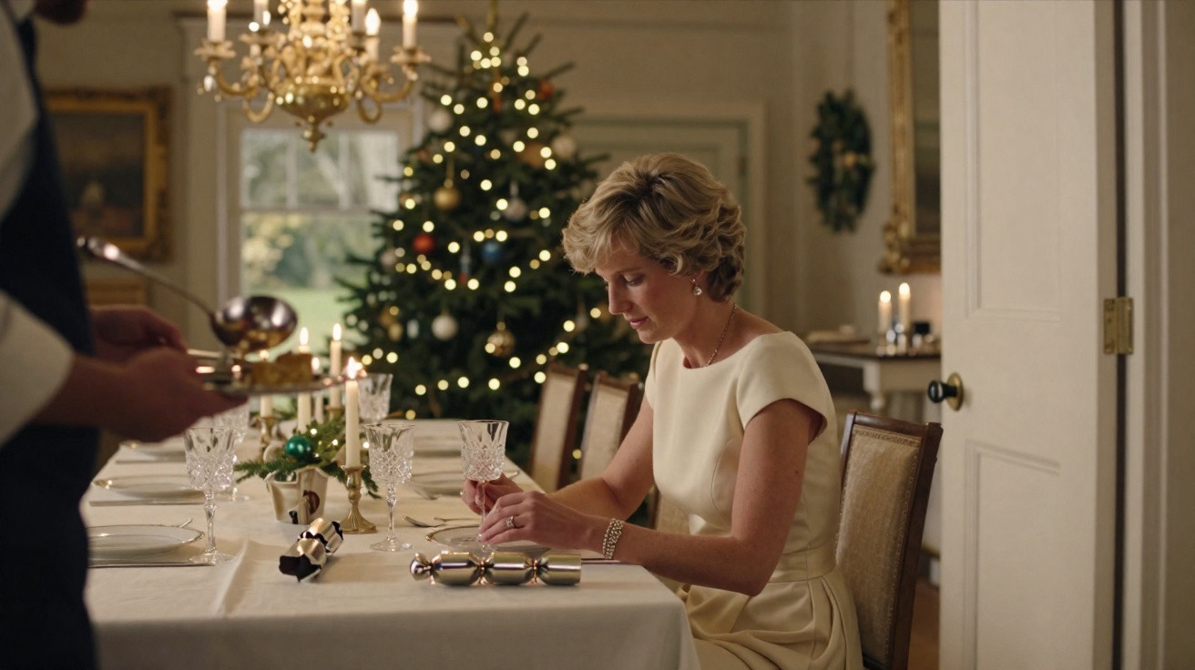 Mulher sentada à mesa de jantar decorada para Natal com árvore iluminada ao fundo, vestida de branco.