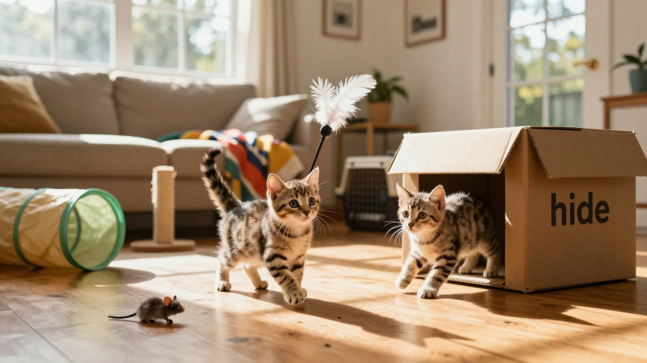 Dois gatinhos brincam numa sala iluminada, com caixa de cartão e brinquedos espalhados pelo chão.