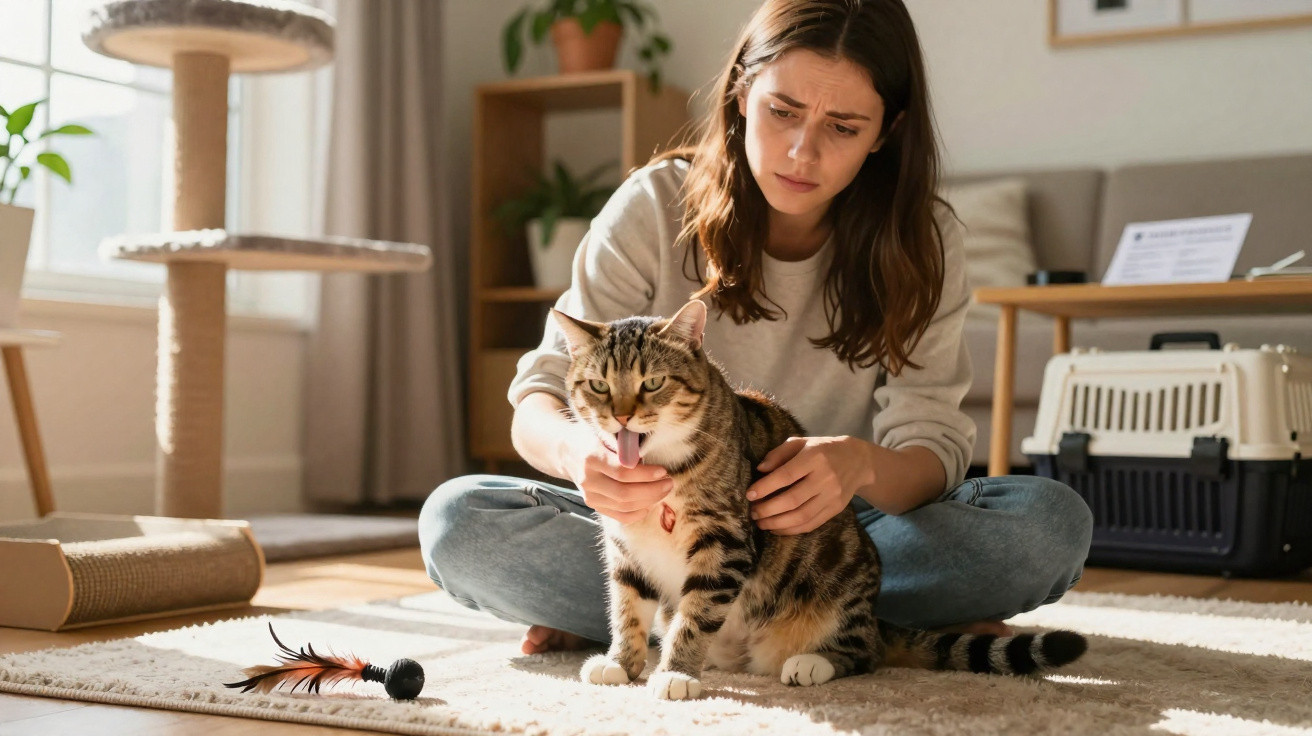 Mulher sentada no chão a alimentar um gato com líquido, num ambiente doméstico acolhedor.