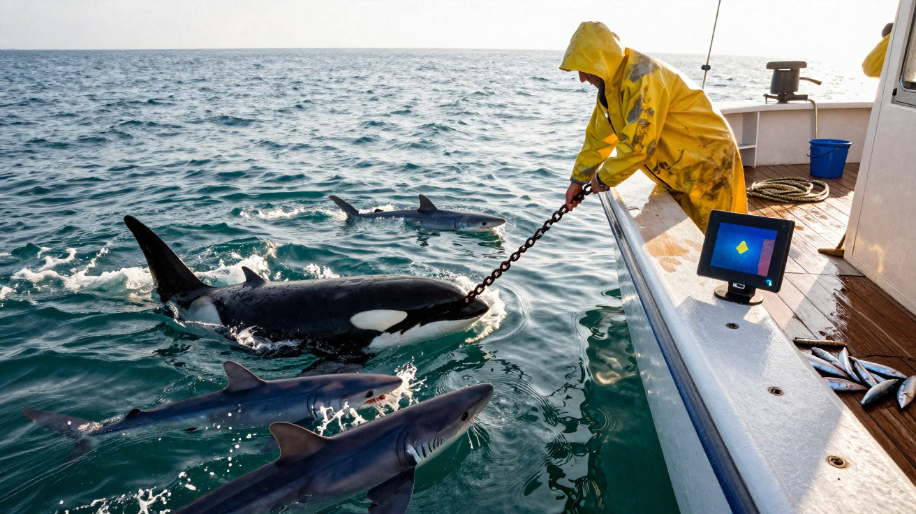 Pesquisador de fato amarelo alimenta orca e tubarões junto a barco no mar calmo.