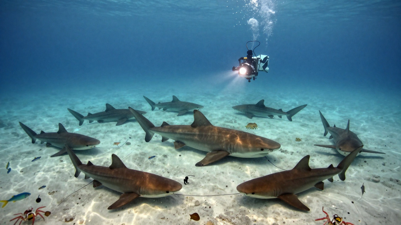 Mergulhador com câmara ilumina vários tubarões no fundo arenoso do oceano.