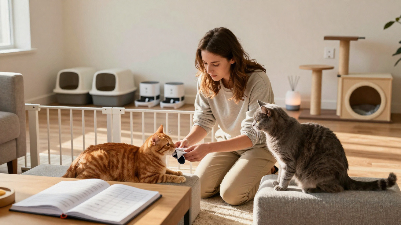 Mulher a brincar com dois gatos dentro de uma sala luminosa e acolhedora.