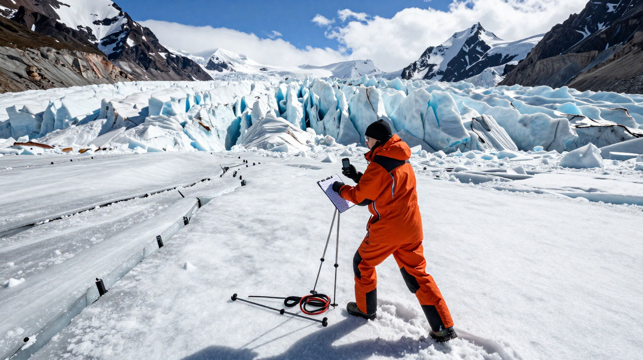 Pessoa de fato laranja faz pesquisa científica numa geleira azul entre montanhas cobertas de neve.