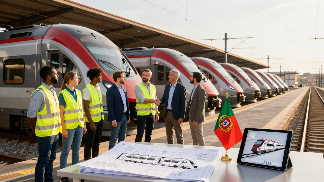 Grupo de profissionais junto a comboios modernos numa estação, com bandeira de Portugal e planos sobre mesa.