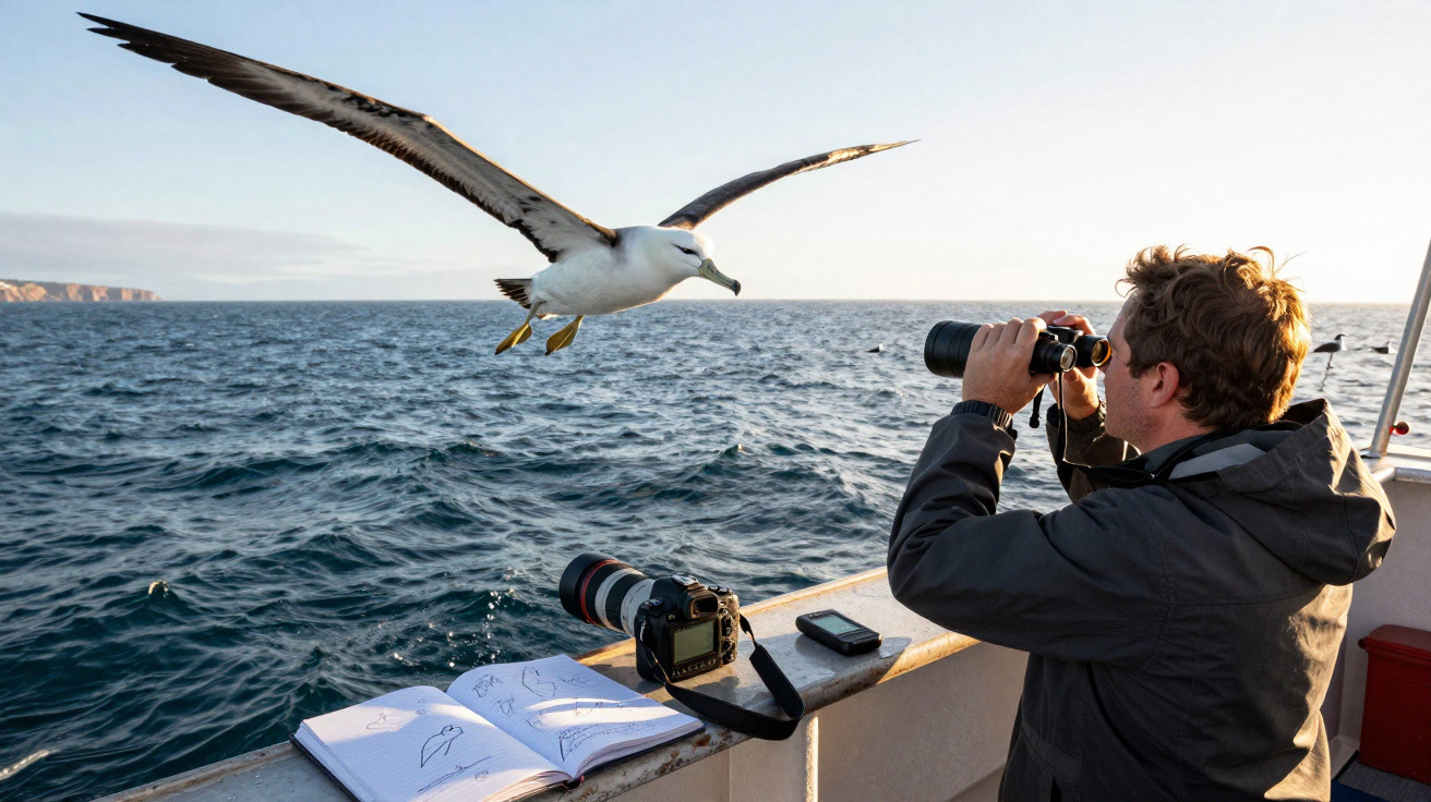 Homem observa albatroz voando sobre o mar usando binóculos num barco ao pôr do sol.