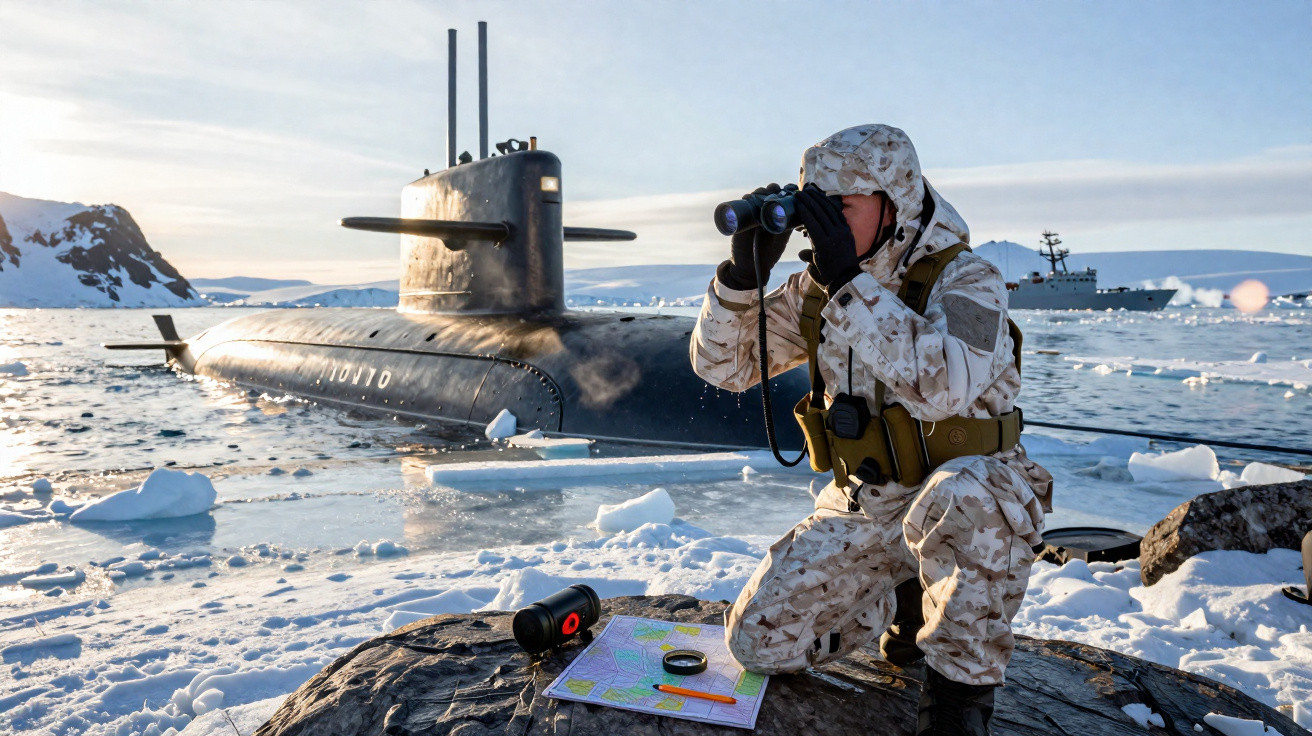 Soldado em roupa de inverno usa binóculos no gelo, com submarino e navio militar ao fundo.