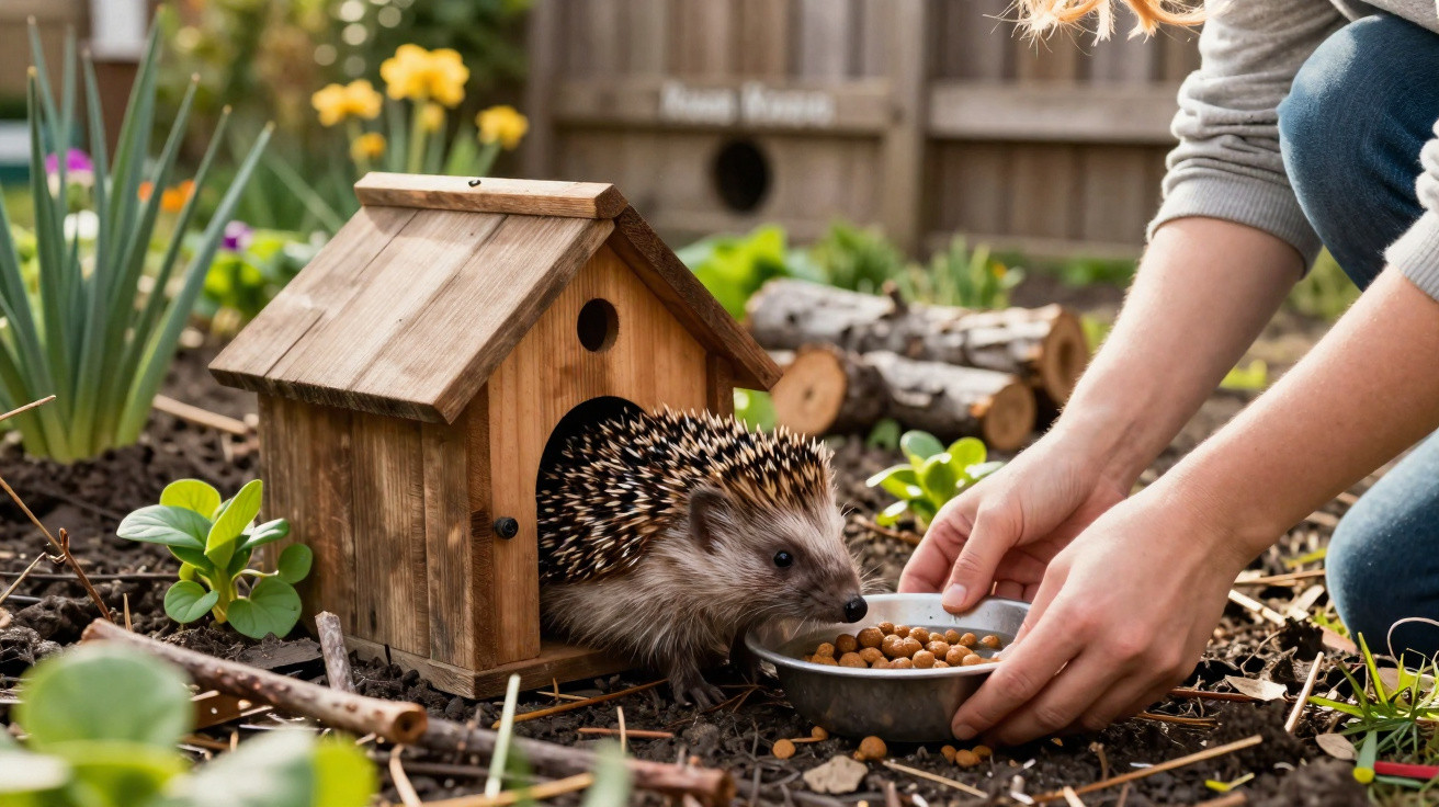 Ouriço a sair de casa de madeira enquanto uma pessoa lhe oferece comida num jardim.