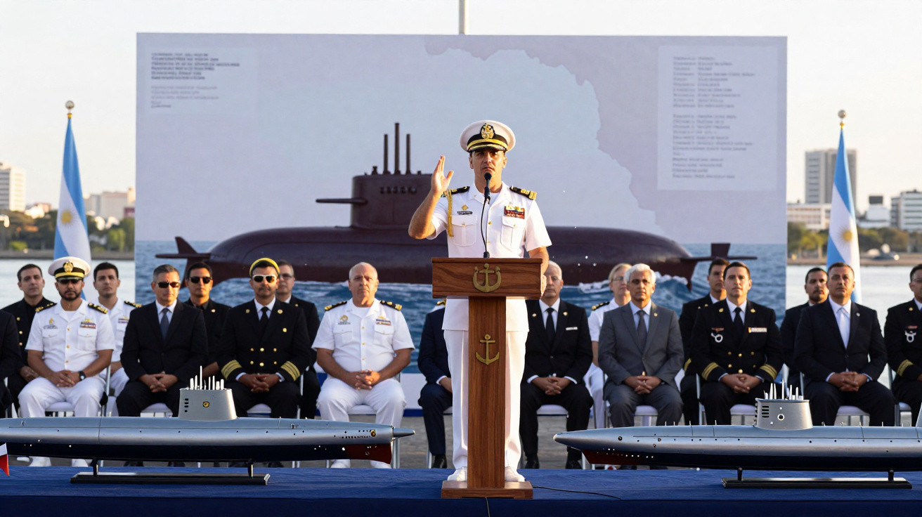 Oficial naval a discursar em cerimónia com modelo de submarinos e pessoas sentadas ao fundo.