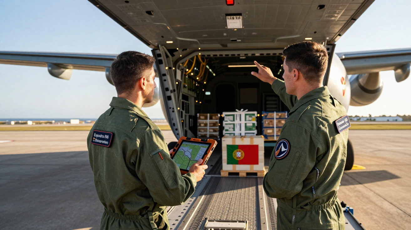 Dois militares em fardas verdes preparam carga com a bandeira de Portugal num avião militar no aeroporto.
