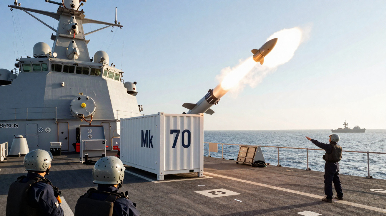 Míssil a ser lançado de um navio de guerra na marinha, com tripulantes de capacete a observar.
