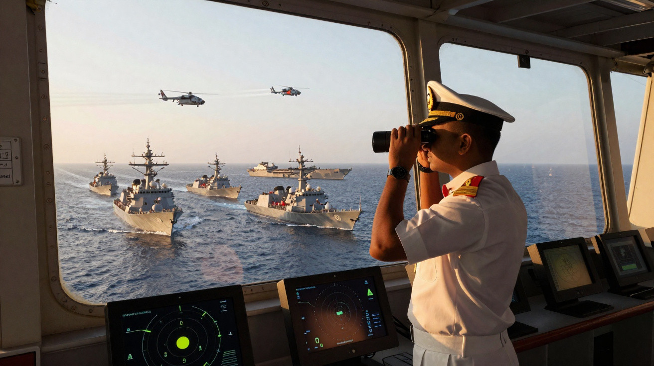 Oficial naval observa com binóculos uma frota de navios de guerra e helicópteros no mar durante o pôr do sol.