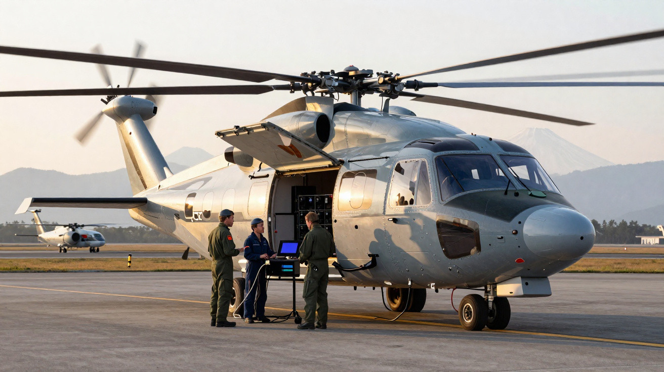 Helicóptero cinzento estacionado em pista com três pilotos de uniforme verdes ao lado durante o pôr do sol.