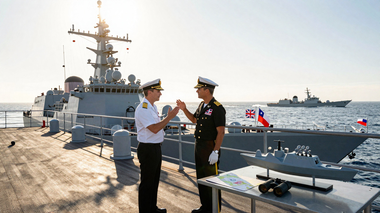 Dois oficiais navais cumprimentam-se a bordo de um navio militar no mar, com maquete de navio em primeiro plano.