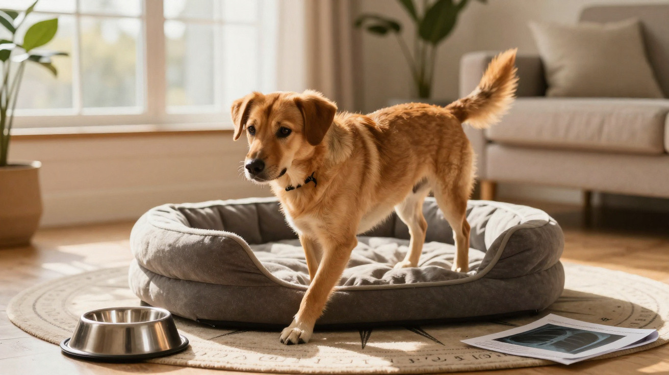 Cão castanho em cama cinzenta numa sala iluminada, com comedouro metálico e jornal no chão.