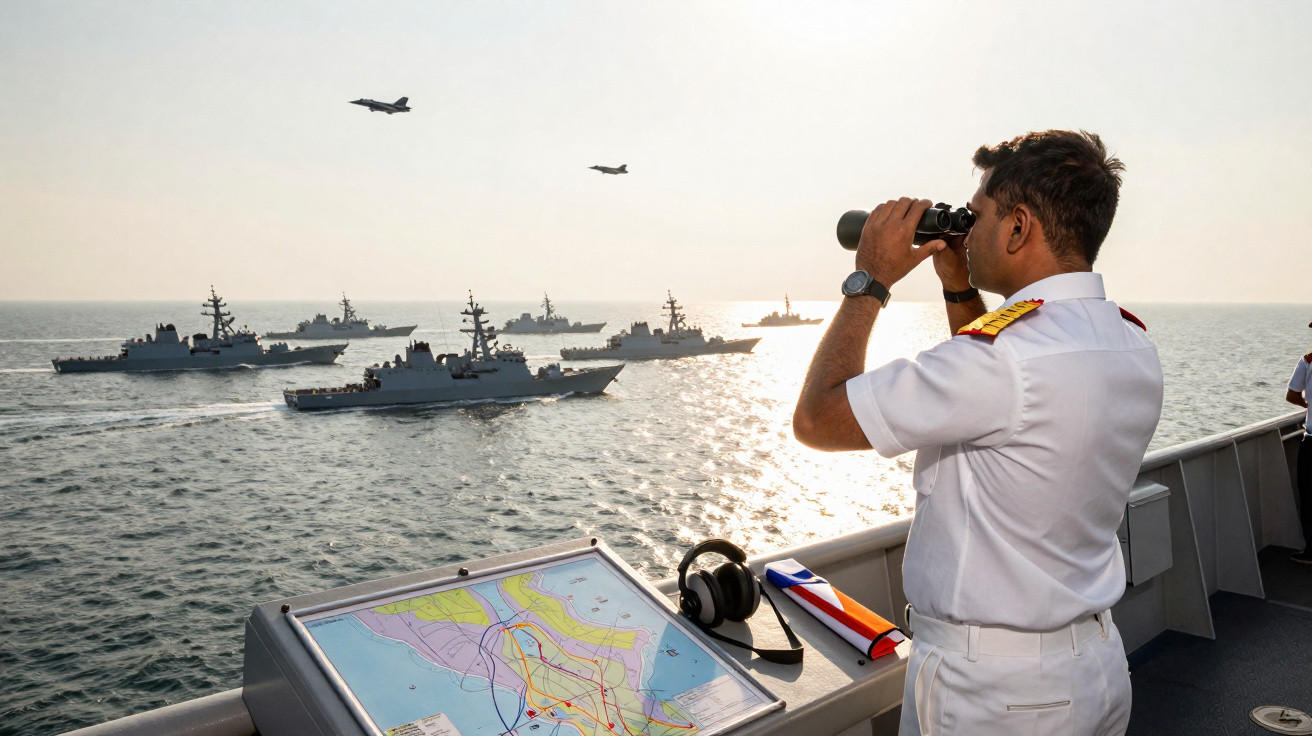 Oficial naval com binóculos observa frotas e aviões militares no mar ao entardecer.
