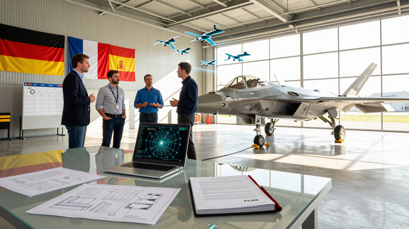 Quatro engenheiros em reunião numa garagem com avião militar, maquetes de aviões e bandeiras da Alemanha, França e Espanha.