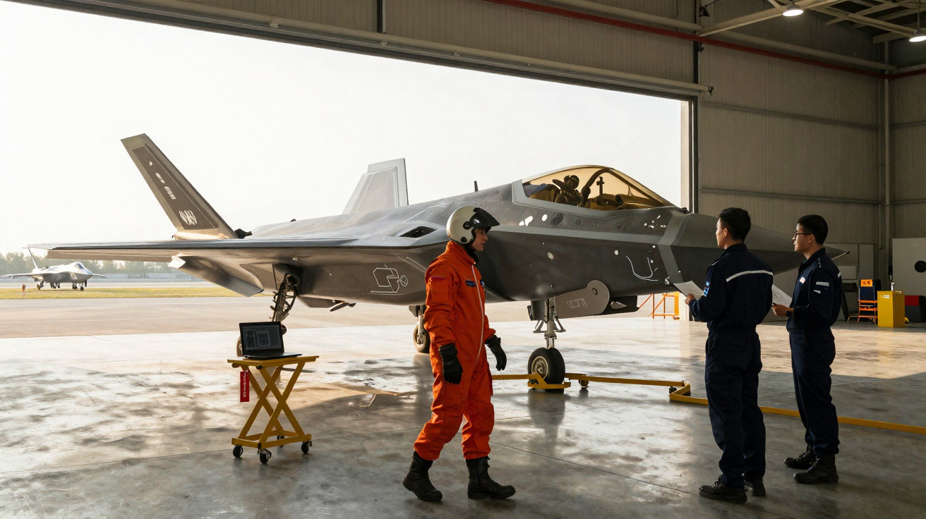 Avião de combate estacionado em hangar com piloto em fato laranja e dois técnicos em uniforme azul a inspeccionar.
