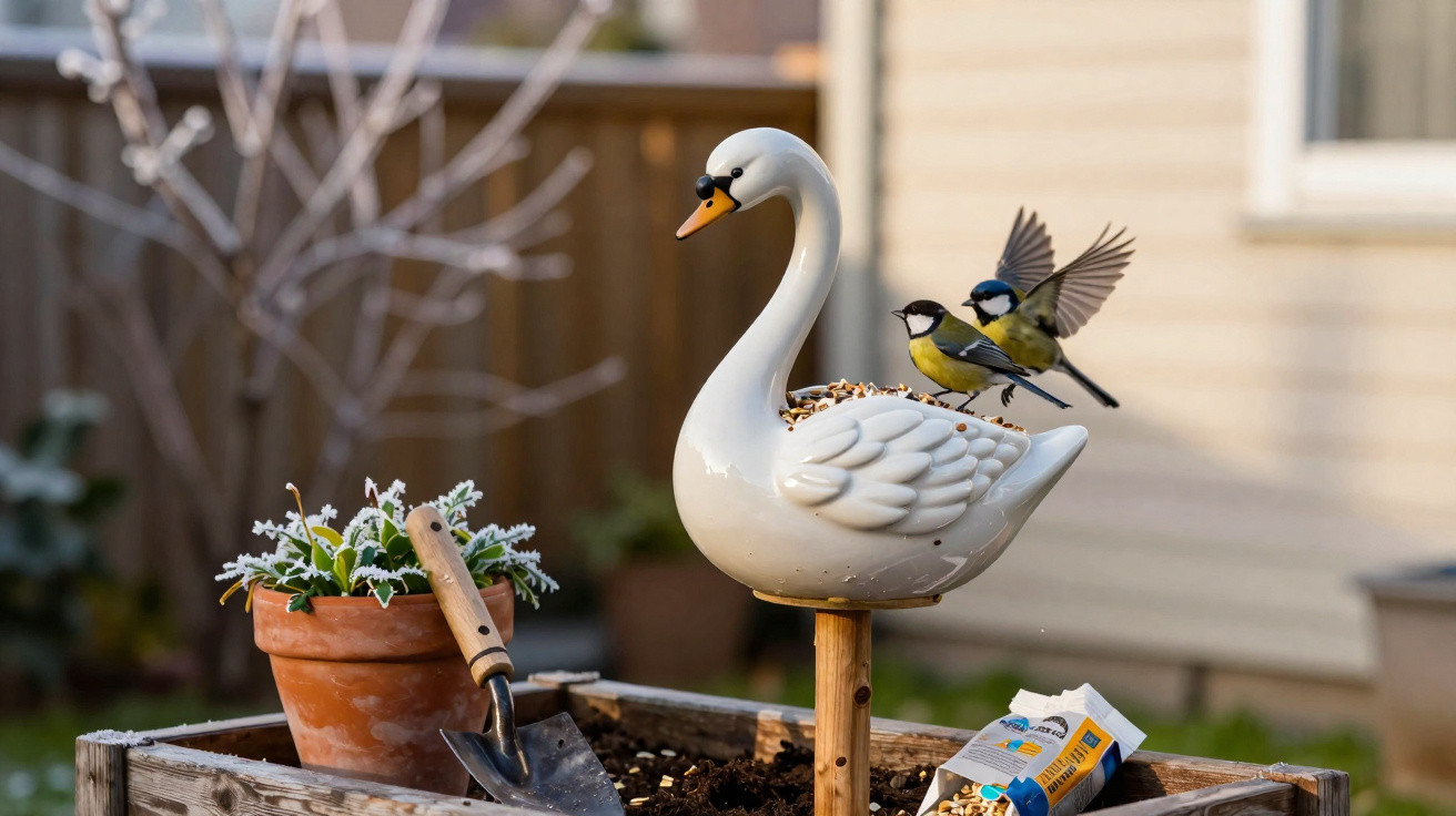 Pássaros pequenos a alimentar-se em comedouro em forma de cisne num jardim com vaso e enxada.