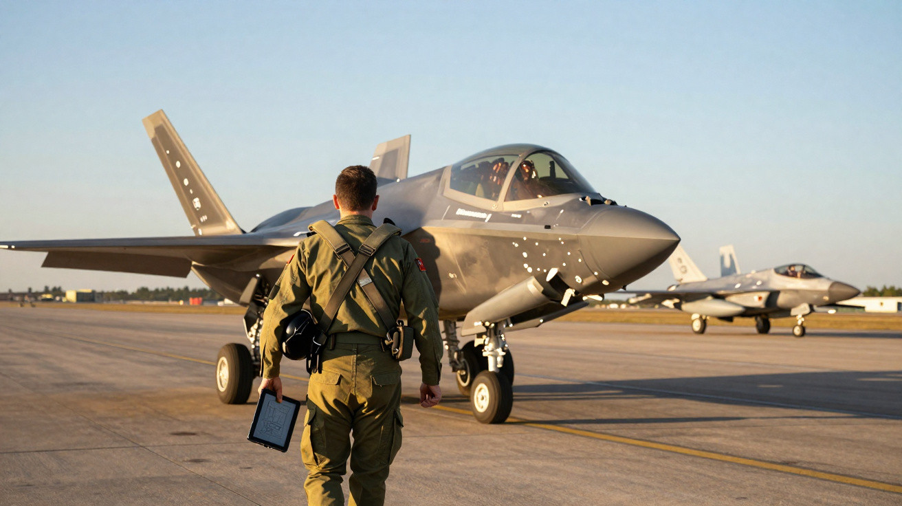 Piloto militar com fato verde caminha em direção a caça F-35 estacionado numa pista de aeroporto ao pôr do sol.