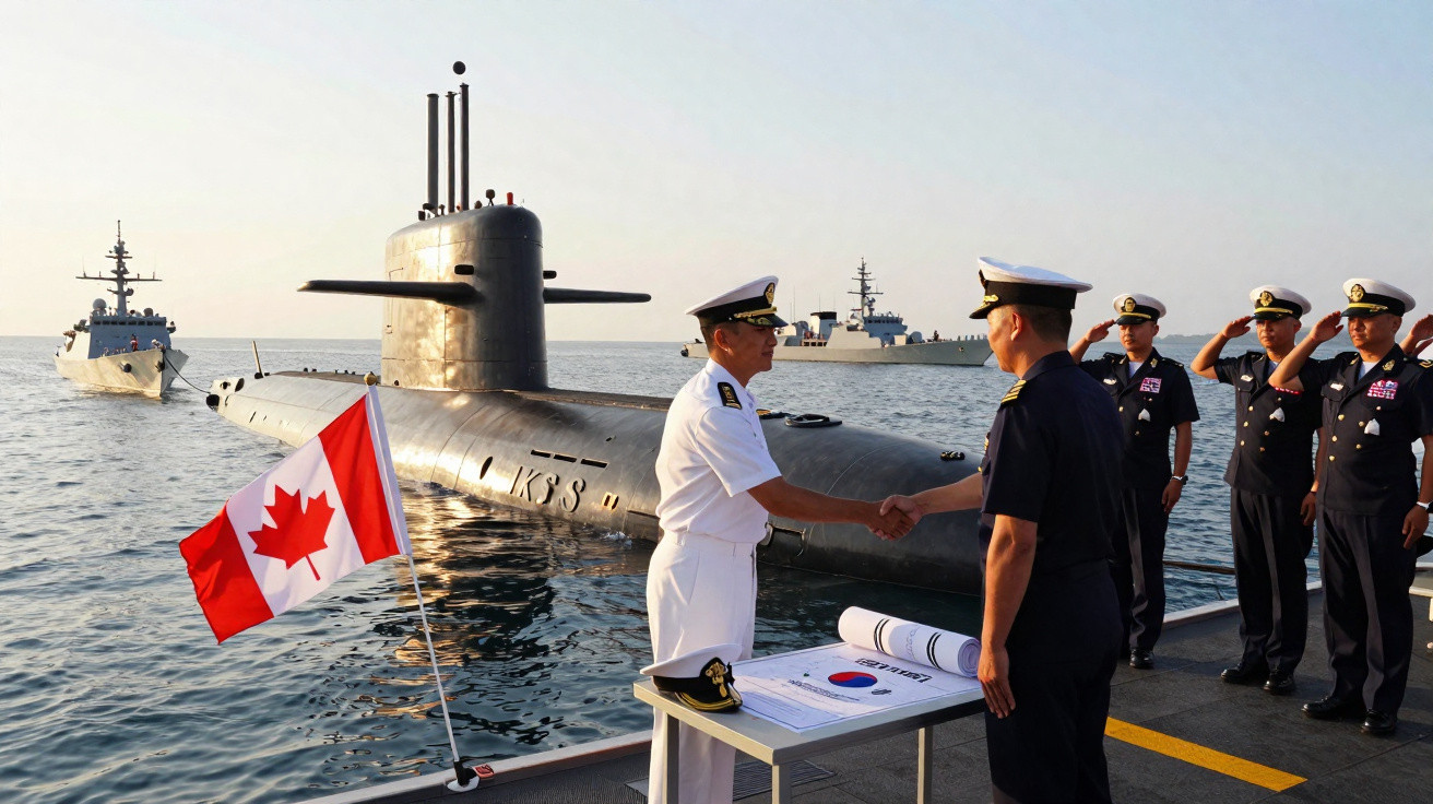 Oficiais navais trocando cumprimentos junto a submarino e navios com bandeira do Canadá ao amanhecer.