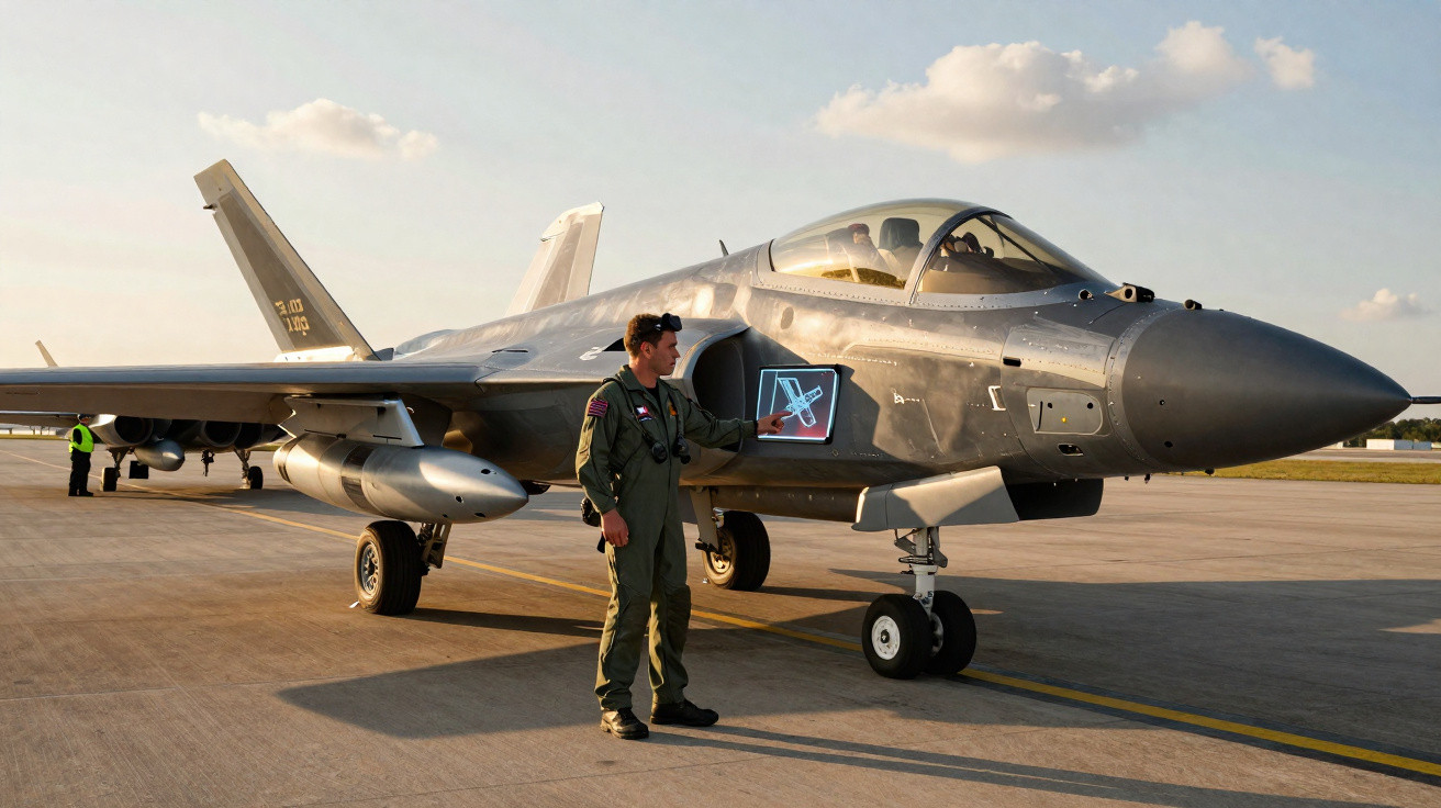 Piloto de combate junto a um caça F-35 estacionado numa pista de aeroporto ao entardecer.