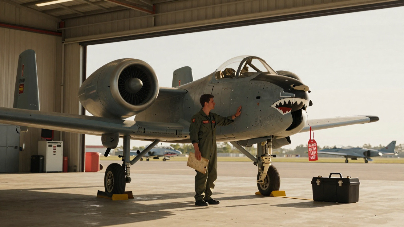 Piloto em fato militar junto a avião de caça com pintura de boca de tubarão na sua fuselagem, hangar aberto.
