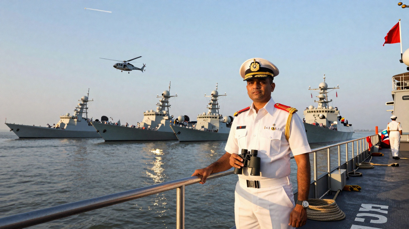 Oficial naval em uniforme branco segurando binóculos num navio com fragatas e helicóptero no mar ao fundo.