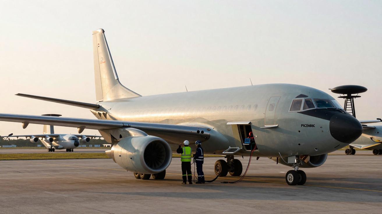 Avião militar estacionado no aeroporto com duas pessoas em coletes refletores junto à porta aberta.