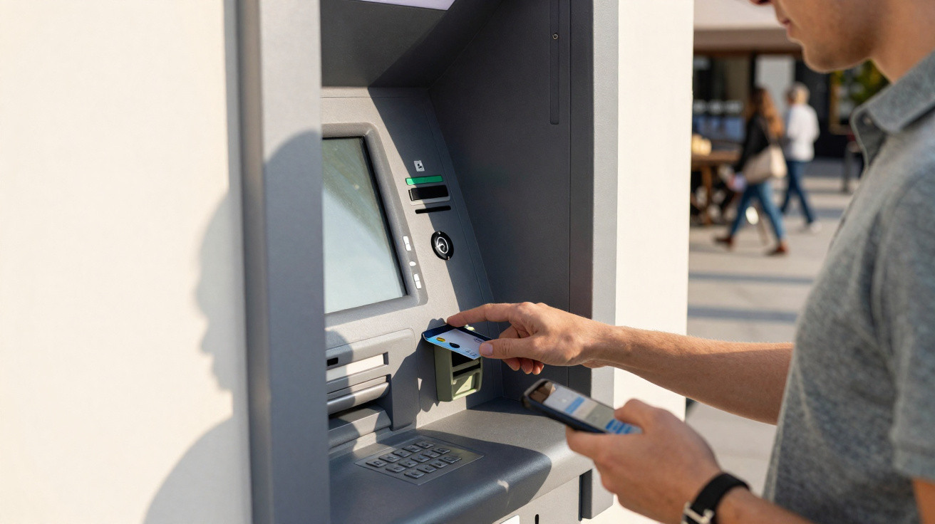 Pessoa a usar cartão multibanco num caixa automático ao ar livre, segurando telemóvel na outra mão.