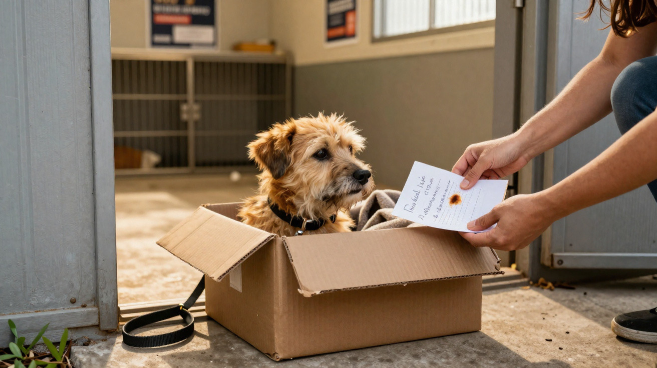 Cão castanho pequeno sentado numa caixa de papelão enquanto uma pessoa lhe entrega um cartão dentro de uma sala.