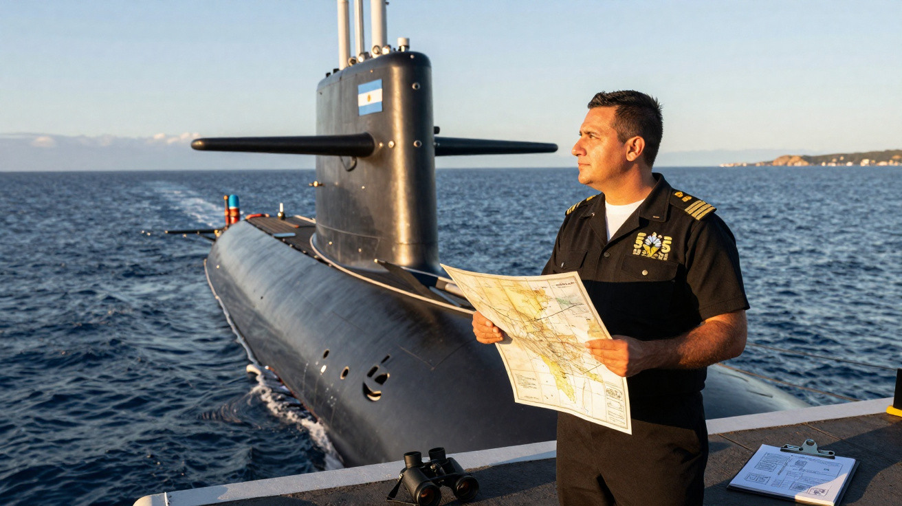 Oficial da Marinha argentina segurando um mapa junto a um submarino atracado no mar.