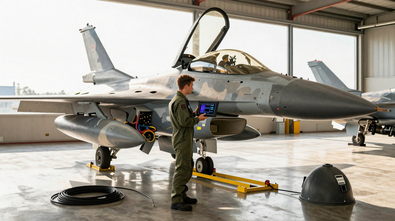Técnico militar em fato verde verifica um jato de caça cinzento numa garagem de hangar iluminada.