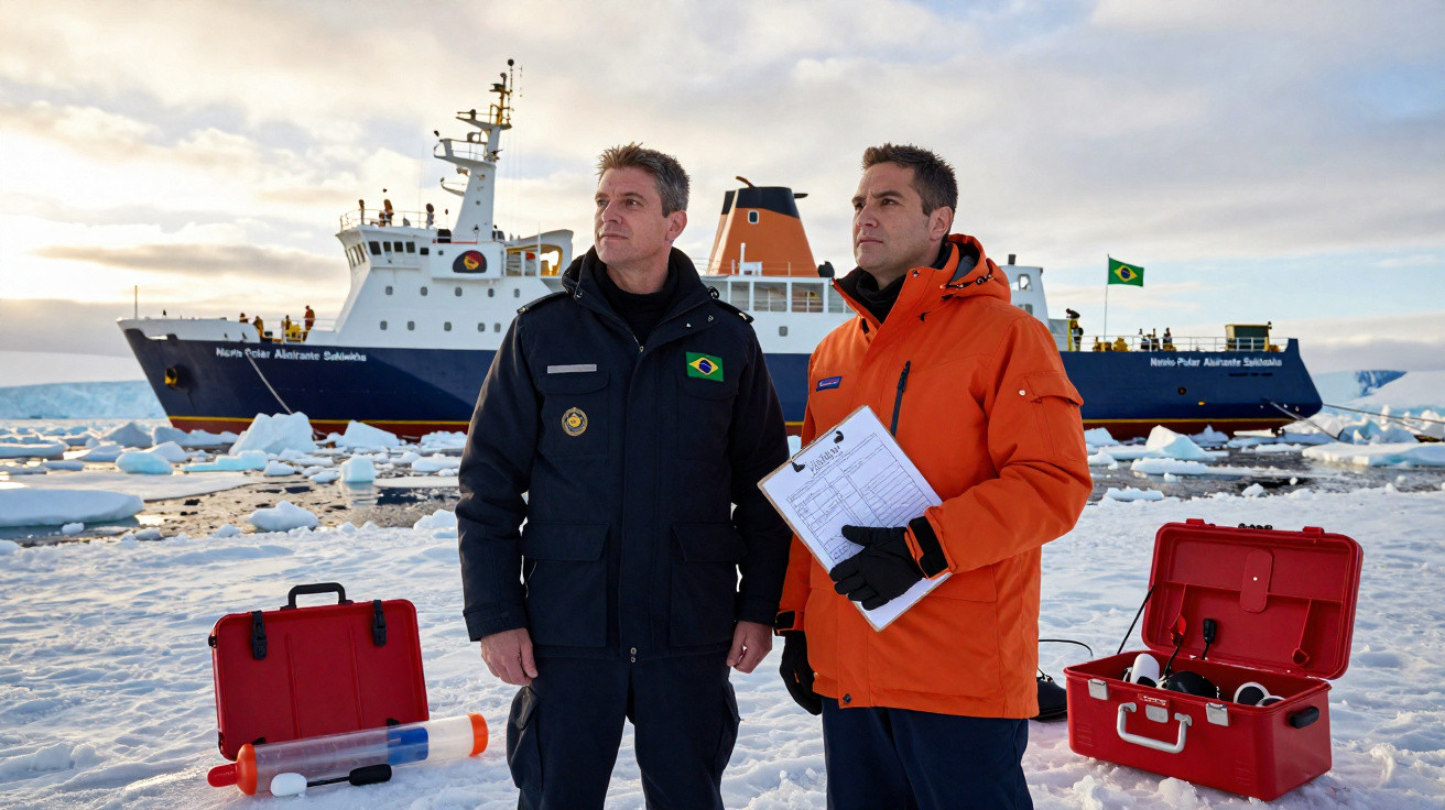 Dois homens com casacos de inverno e bandeiras do Brasil em frente a um navio de pesquisa na Antártida coberta de gelo.
