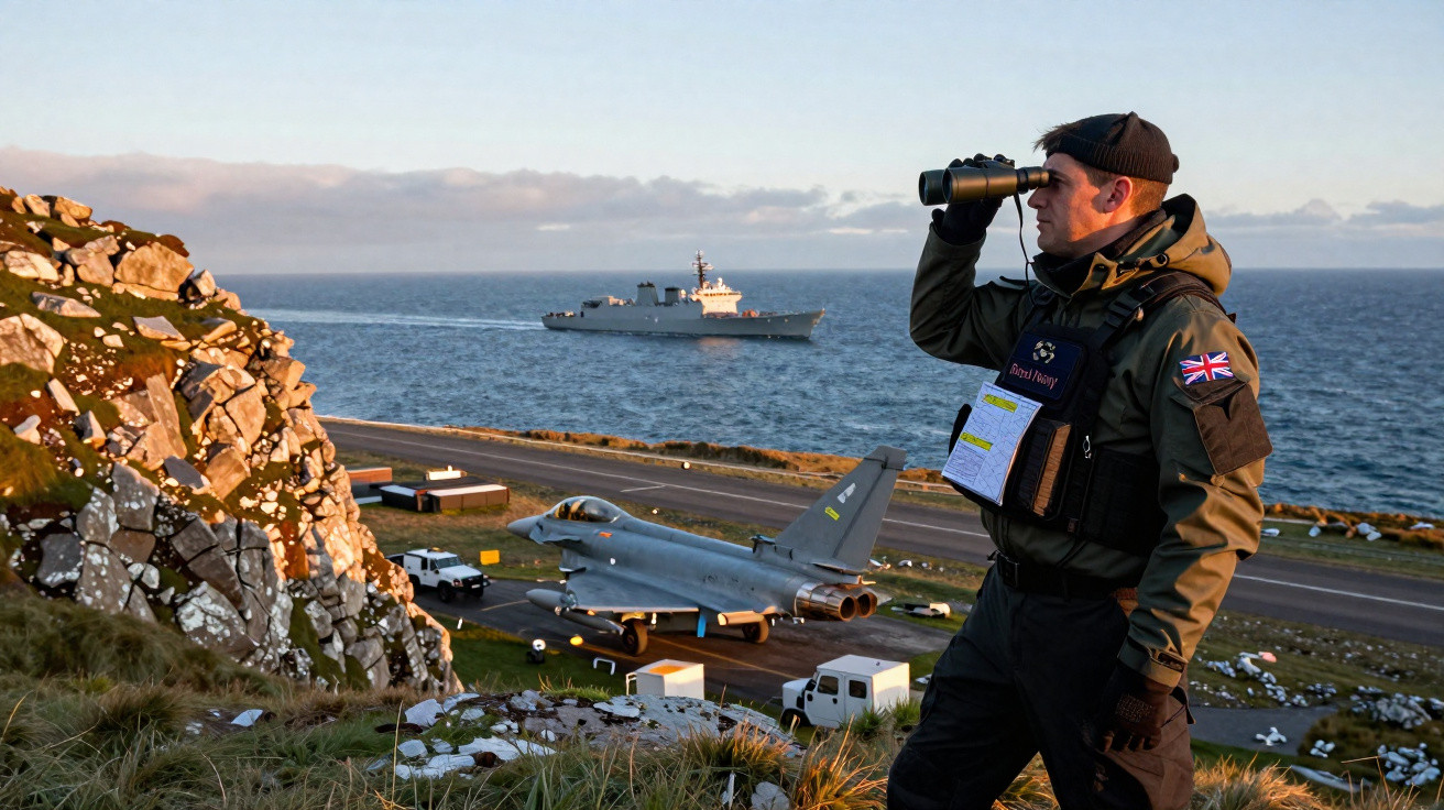 Militar britânico com binóculos observa costa próxima a avião de caça e navio no mar ao entardecer.