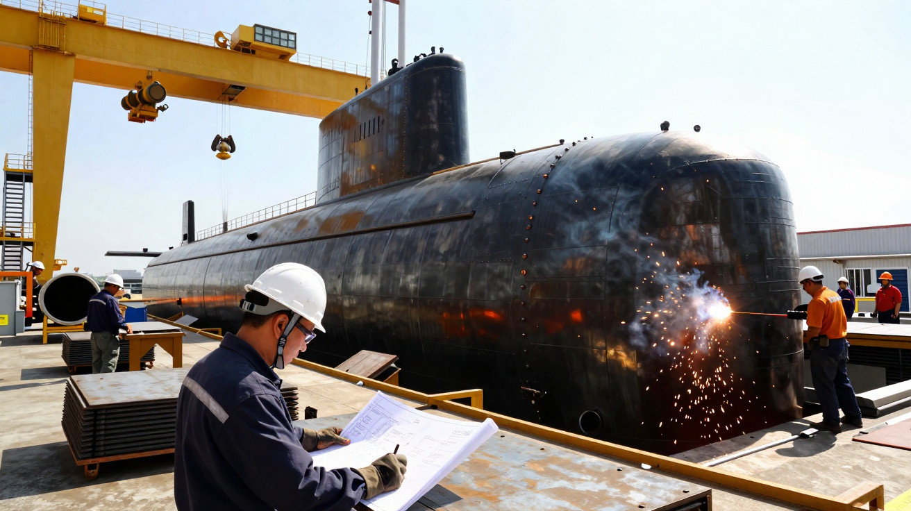 Submarino preto em doca seca com trabalhadores de capacete e soldador a emitir faíscas no exterior.